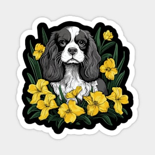 King Charles Spaniel with daffodils illustration Magnet