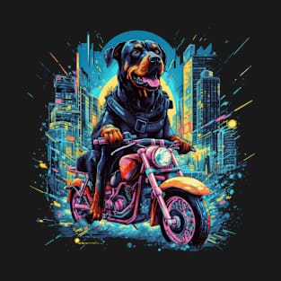 A modern t-shirt design featuring a Rottweiler Dog riding a futuristic motorcycle T-Shirt