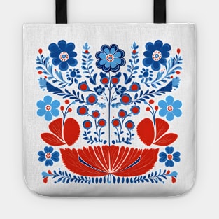 Red and Blue Scandinavian Folk Art Flowers Tote