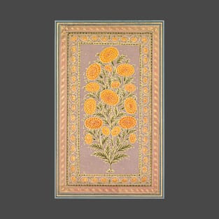 "Flowering Marigold" with original turquoise border, from around 1765, India - watercolor with gold on paper T-Shirt