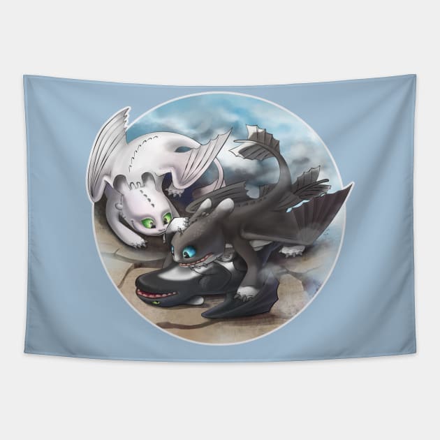Toothless's and Light Fury's Kids (How to Train Your Dragon 3) Tapestry by Fine_Design
