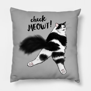 Check Meowt! Funny Cat Sploot | Black and White Cat Pillow