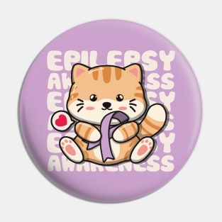 Cute Cat Holding Epilepsy Awareness Ribbon Pin