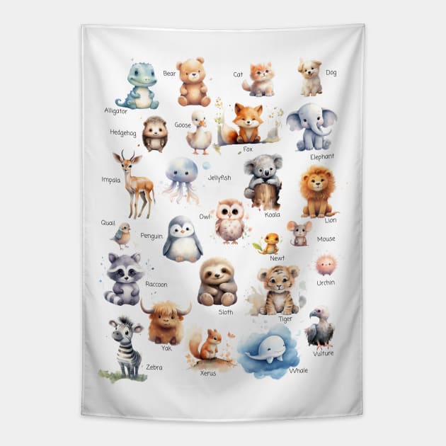 Whimsical Watercolor Animal Alphabet: A-Z Illustrated Cuties Tapestry by Happi Bebe Design