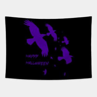 Happy Halloween Crows In Flight Vector Silhouette Purple Tapestry