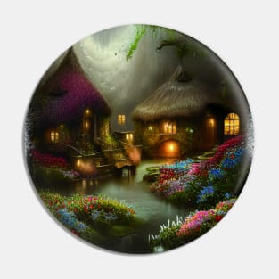 Sparkling Fantasy Cottage with Lights and Glitter Background in Forest, Scenery Nature Pin