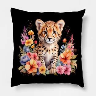 A baby cheetah decorated with beautiful watercolor flowers Pillow