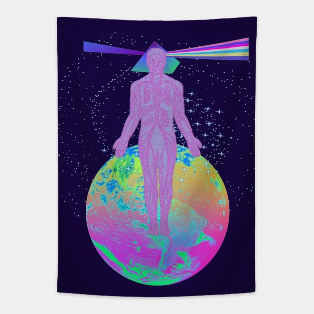 Psychedelic Earth Man Floating Prism Brain Trippy Esoteric Abstract Rainbow Tie Dye Tapestry by blueversion