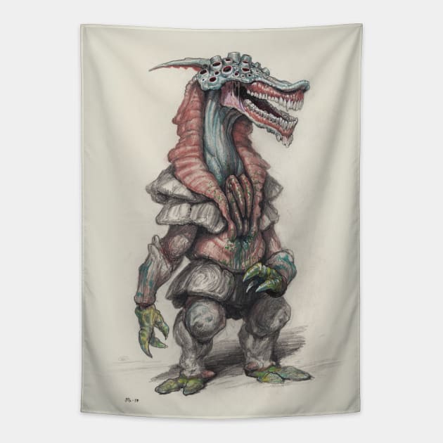 Aqua Kaiju (With Background) Tapestry by charleslister