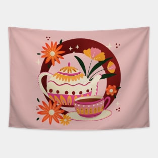 Pink and orange retro teapot and cup and flowers Tapestry