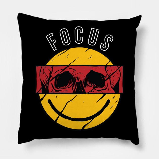 FOCUS smiley rad retro design with skull cut Pillow by A Comic Wizard