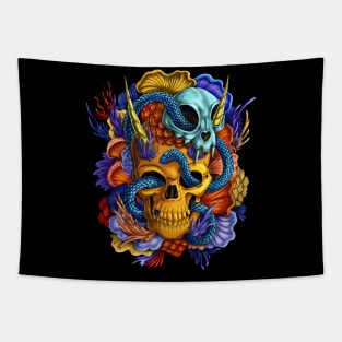 Tequilas Revenge: Gold Skull with Coral and snake Tapestry