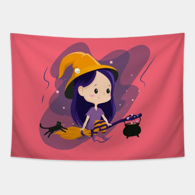 Kawaii Witch Flying in the moonlight With Her Black Cat and Cauldron Tapestry by BicycleStuff