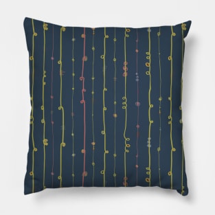 Curly doodle stripes pink and lime on a dark blue background Pillow