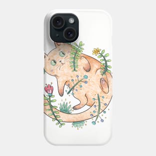 Cute Cat Rolling on its Back Surrounded by Floral Elements Phone Case