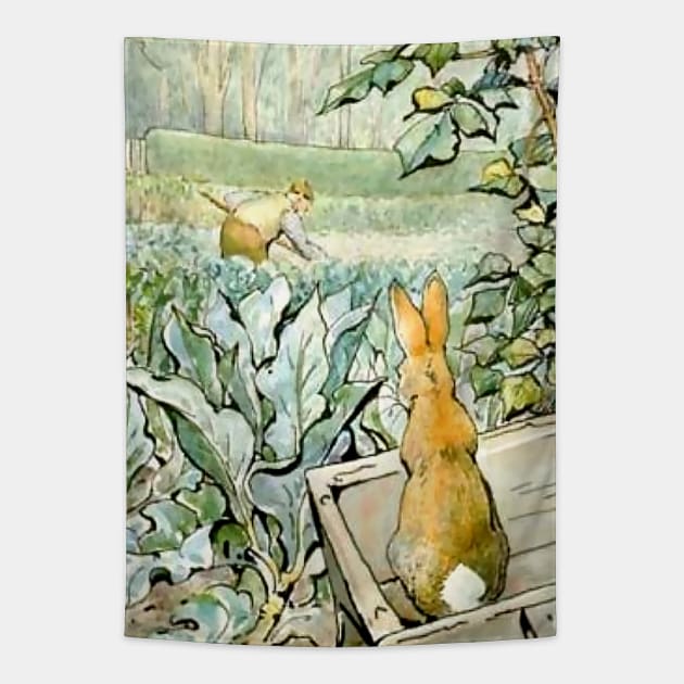 “Benjamin Bunny Watches Farmer Brown” by Beatrix Potter Tapestry by PatricianneK