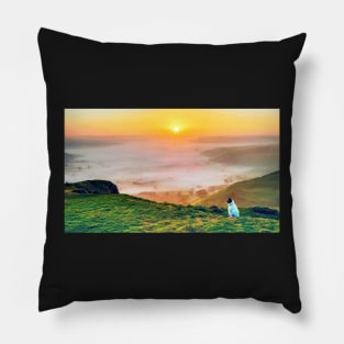 dog watching the sunrise at a misty Hope Valley, Castleton, Derbyshire,UK Pillow