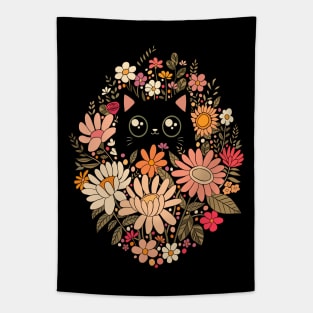 Cute black cat with Boho wildflowers Tapestry