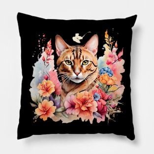 A bengal cat decorated with beautiful watercolor flowers Pillow