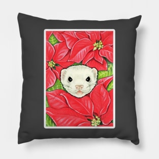 Ferret in Poinsettias - White Outlined Version Pillow