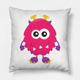 Cute Monster, Pink Monster, Horns, Funny Monster Pillow