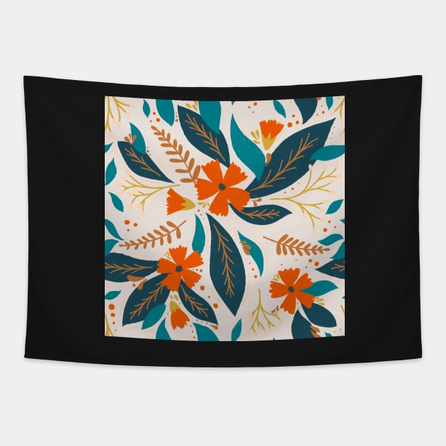 Red Flower Teal Leaf Pattern Tapestry by ChloesNook