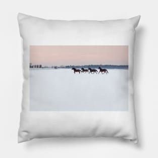 Four horses galloping on snowy paddock Pillow