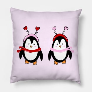 Valentines Penguin Pair with Pink and Red Heart Headbands and Scarves, made by EndlessEmporium Pillow