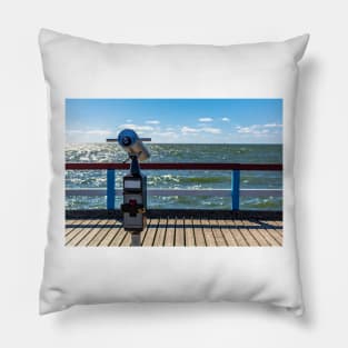 Sightseeing binoculars with sea background Pillow