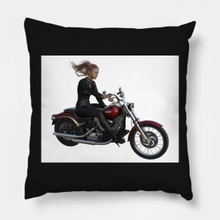 Young woman riding motorcycle Pillow