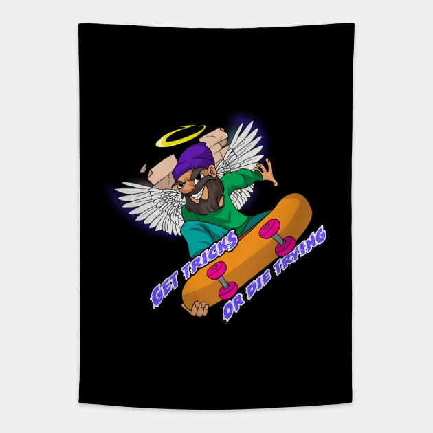 Get Tricks or Die Trying Skater Angel Gnome Skateboarding Tapestry by Trendy Black Sheep