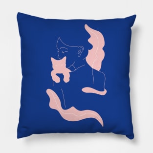 Girl with Cat and Plants in Blush Pink / Line Art Pillow