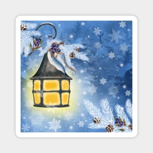 Vintage streetlamp watercolor illustration. Winter fairy background. Christmas fantasy illustration.  Night magic scenery Magnet