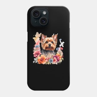 A yorkshire terrier decorated with beautiful watercolor flowers Phone Case