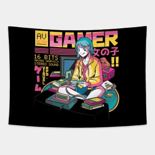 Gamer Girl Retro Gaming Zocken Anime Tapestry