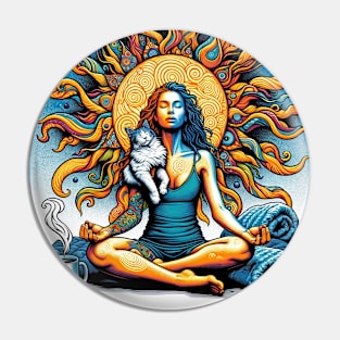 Meditating Woman and Cat Pin