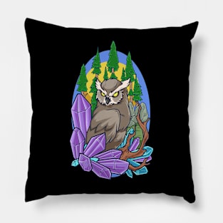 Aesthetic owl in forest with crystals Pillow