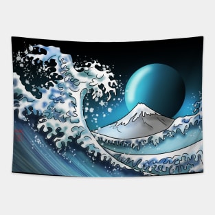 Big wave with Mount Fuji and a blue moon Tapestry