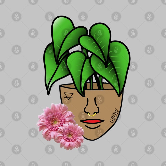 Surreal Tropical House Plant, Pot Head, with Pink Gerber Daisy by Tenpmcreations