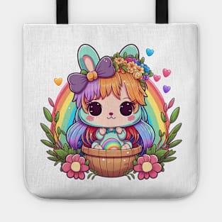 Anime Easter Bunny Girl In Basket. Spring Flowers and Easter Eggs, Rainbow Tote