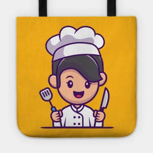 Chef Girl With Knife And Spatula Cartoon Tote