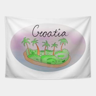 Croatia watercolor Island travel, beach, sea and palm trees. Holidays and vacation, summer and relaxation Tapestry