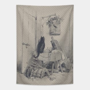 Cat and birdcage Diagonal Lines Tapestry