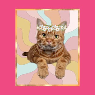 Funny 70's Hippie Cat with flower headband colorful design T-Shirt