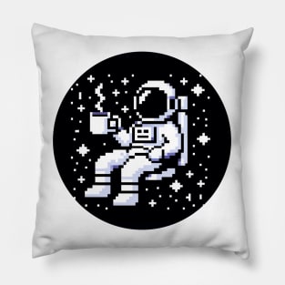 Astronaut Coffee Break in Space - 8-Bit Cosmic Art Pillow