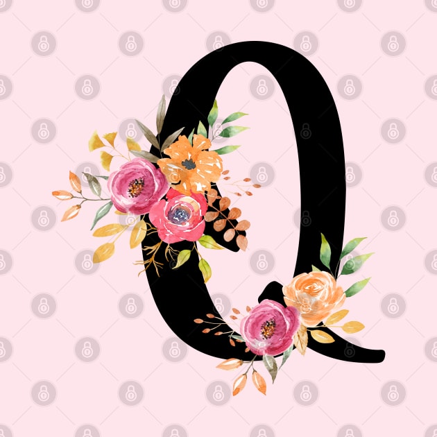 Letter Q With Watercolor Floral Wreath by NatureGlow