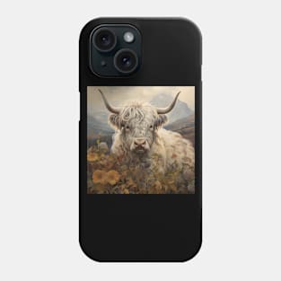 Highland Cattle Wildflowers Retro Art | Vintage-Inspired Landscape with Scottish Cows Phone Case