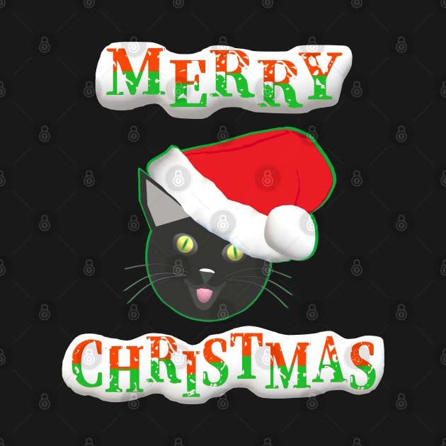 Merry Christmas Smiling Cat Wearing a Santa Claus Hat (Black Background) by Art By LM Designs 