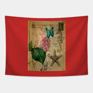 vintage starfish butterfly hydrangea floral botanical art Tapestry