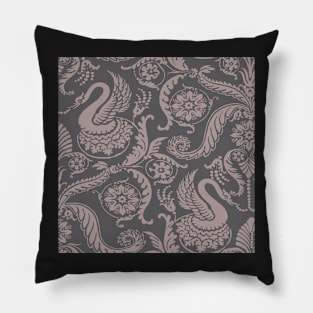 Tan on Grey Classy Medieval Damask Swans Pillow